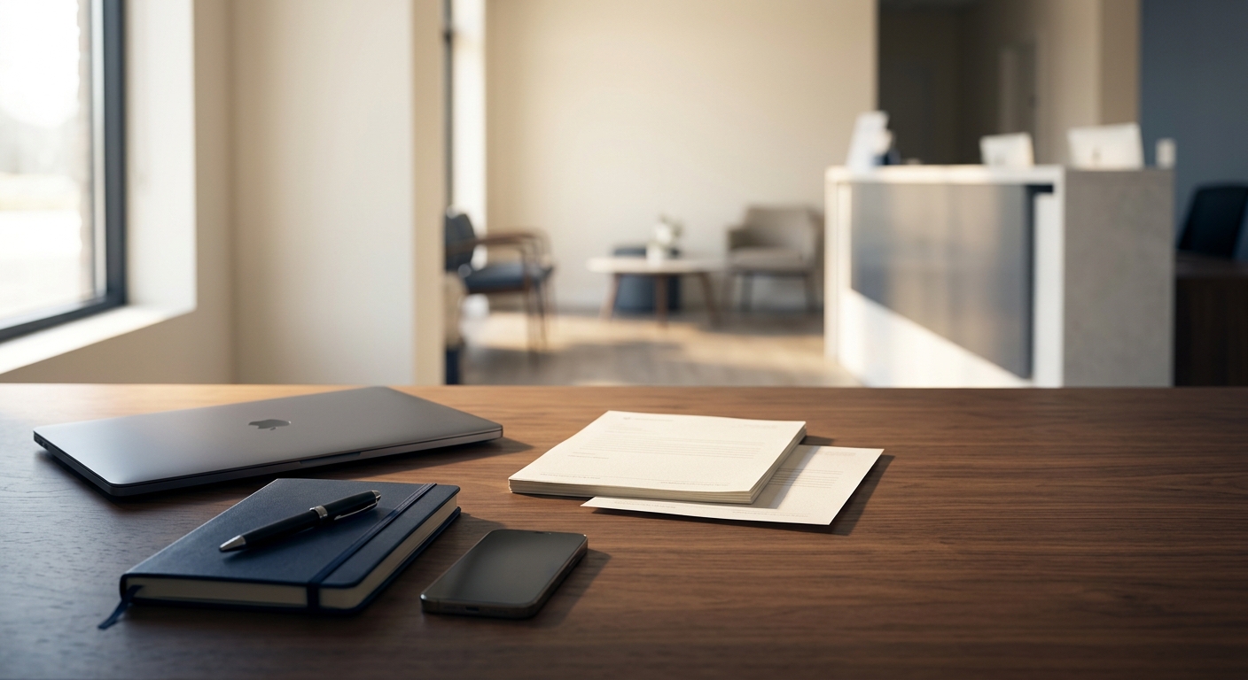 Mesa de investigação com notebook, caderno e documentos